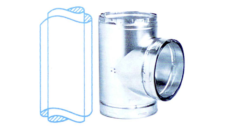 Metal duct segment with a right-angle elbow connector on the side, shown beside a schematic outline.