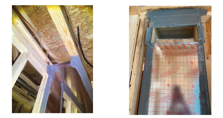 Two construction site photos: left shows wooden studs with spray foam sealant around a doorway; right shows a window rough opening with blue flashing and foil insulation inside.