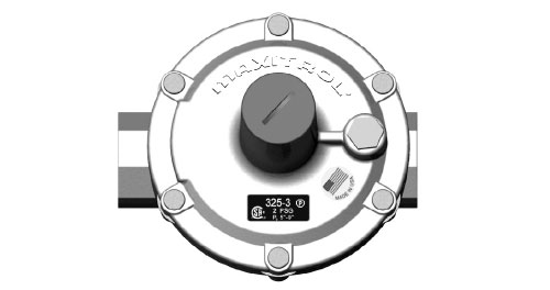 Industrial gas regulator with a central black adjustment knob, circular housing, and six bolts, mounted to a pipe.