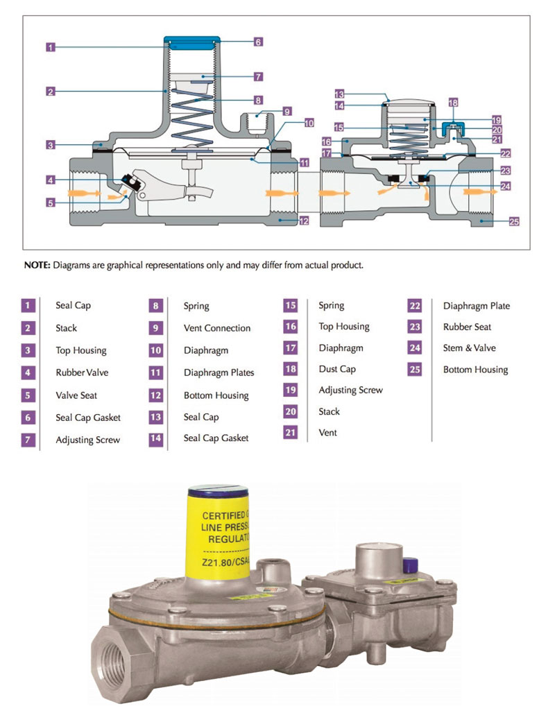 Cross‑section diagram of a gas regulator with numbered parts and a legend below