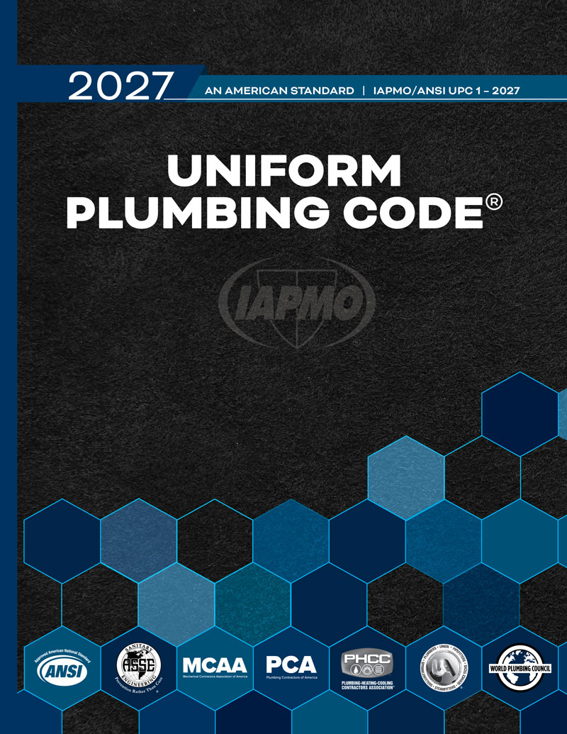 Cover of the Uniform Plumbing Code 2027 edition with a dark textured background, bold white title, and blue hexagon pattern along the bottom with certification logos at the edge.