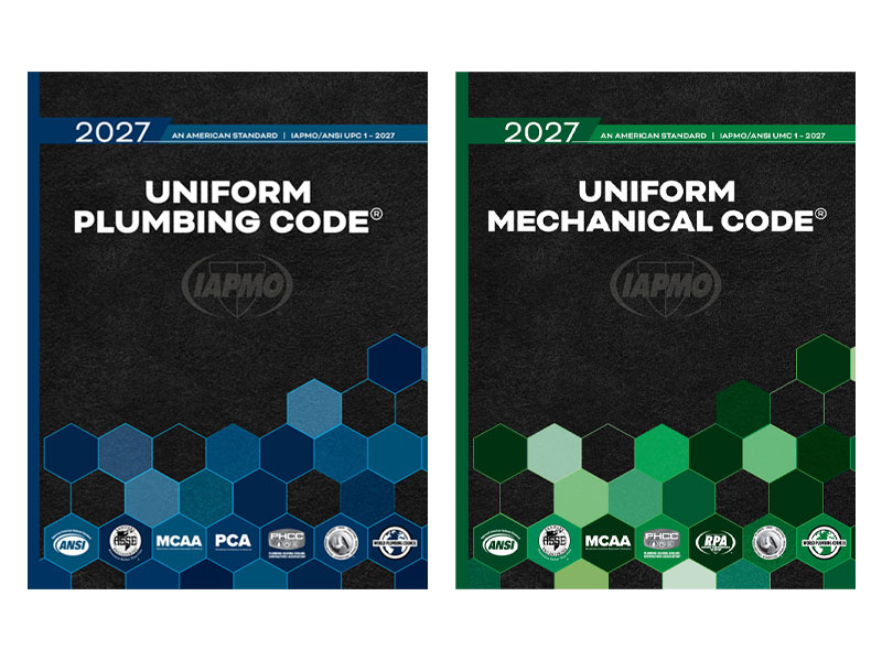 Uniform Plumbing Code, 2027 edition (left cover) with blue accents and hexagon pattern along the bottom.