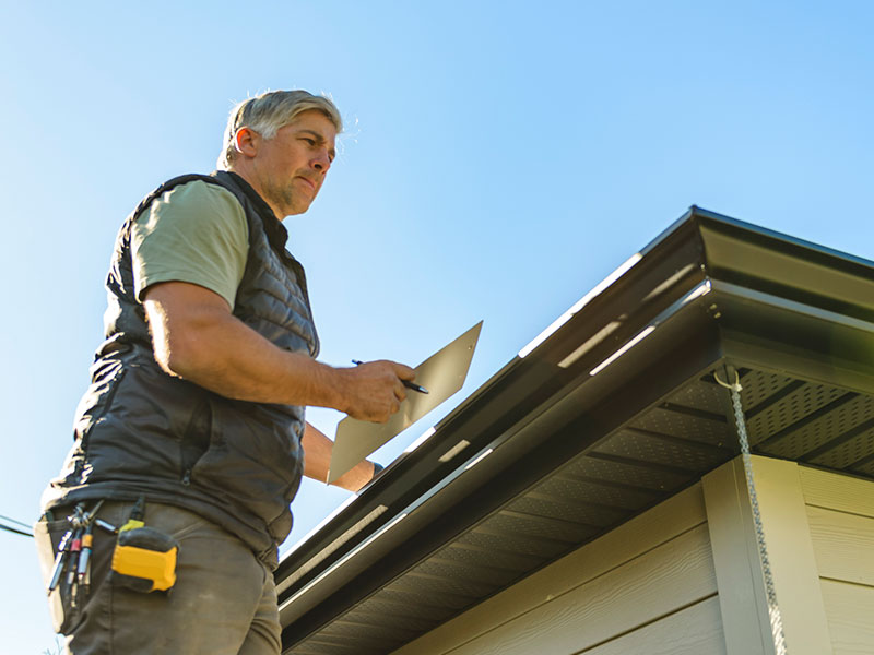 Handyman on a roof inspecting the eaves, holding a clipboard and pen with a tool belt visible.