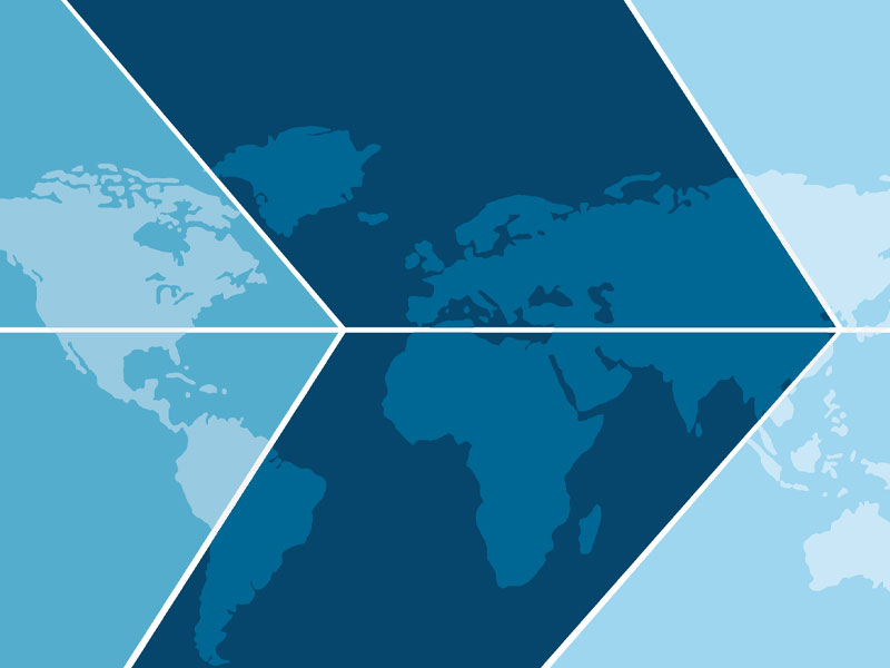 Abstract world map in blue geometric panels with diagonal white dividers.