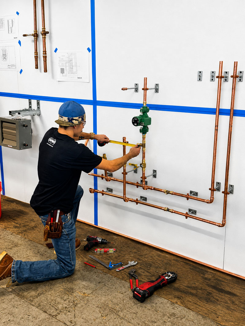 Construction worker kneels and measures copper pipe installation on a white wall marked with blue tape; tools scattered on the floor nearby.