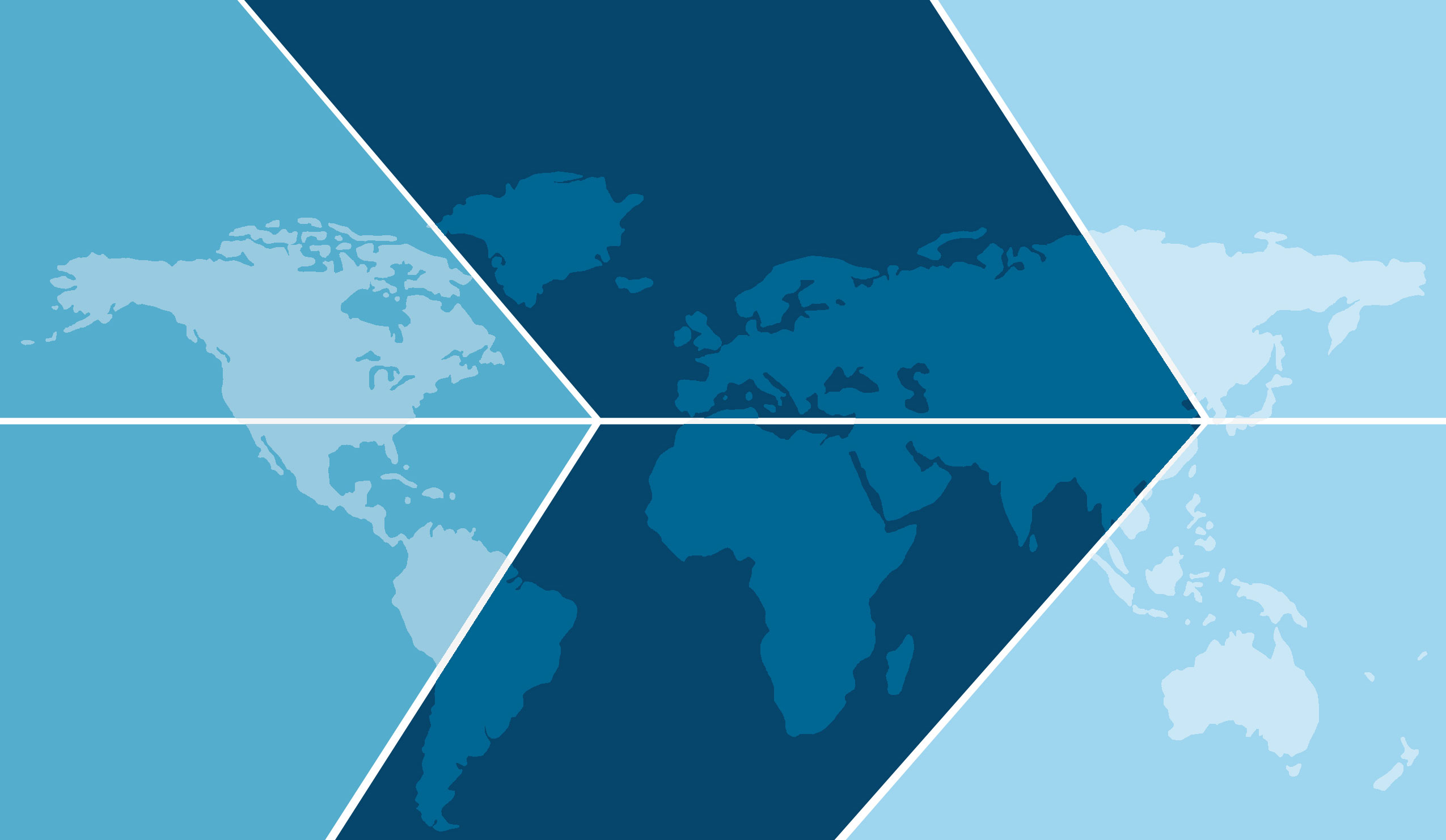 Stylized world map with bold blue diagonal bands and light blue background.