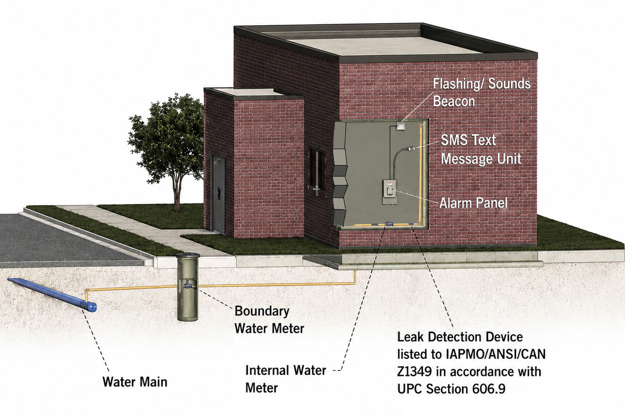 Diagram of a building's water leak detection system showing the alarm panel, SMS text unit, blinking beacon, and wiring to a leak detector mounted on the exterior wall; buried water main with boundary and internal water meters.